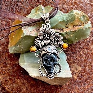 Artisan Sterling Silver Labradorite Sugar Skull Pendant Tigers Eye Moonstone